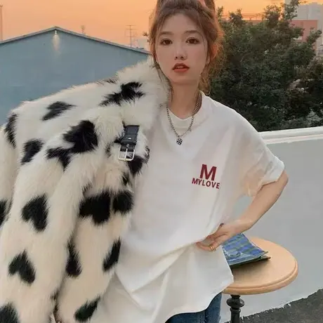 正肩白色短袖t恤女2023夏季宽松春秋内搭设计感小众显瘦仿棉上衣商品大图