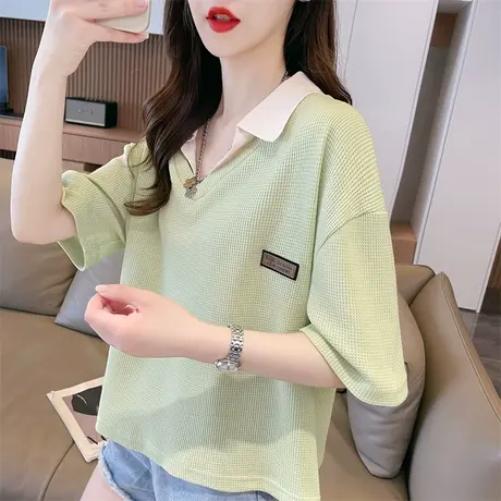 设计感小众华夫格短袖t恤女夏季韩版宽松翻领polo衫假两件上衣服图片