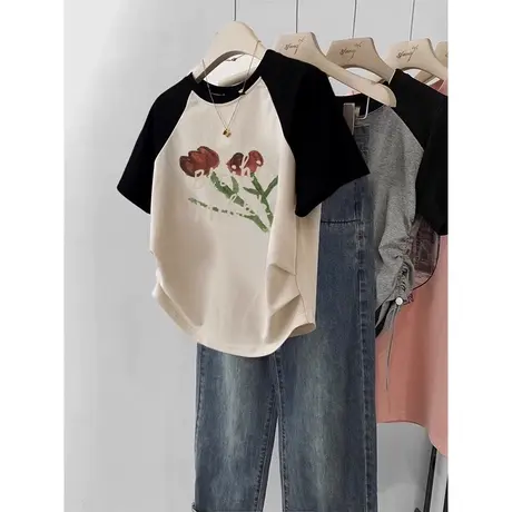 洋气减龄短款正肩短袖女2023夏季新款T恤百搭显瘦宽松打底衫上衣商品大图