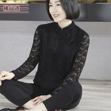 2023新款冬装立领排扣长袖蕾丝上衣女装T恤洋气简约大码妈妈衣服商品大图
