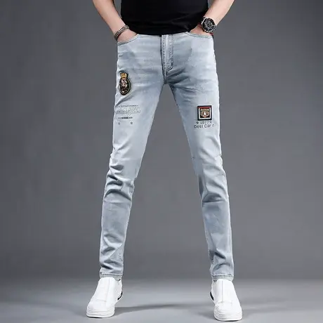 2023新款刺绣牛仔裤男潮牌修身小脚裤夏季薄浅色弹力潮流男士裤子商品大图