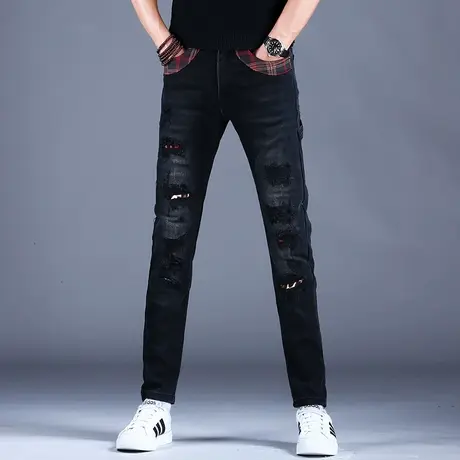 春秋季工装拼接牛仔裤男黑色高端潮牌2023新款裤子男弹力修身小脚商品大图