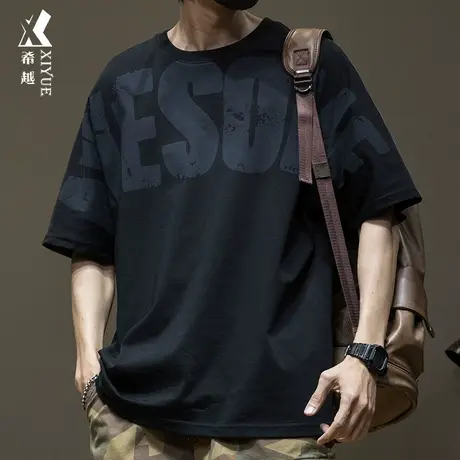 夏季短袖T恤男设计感纯棉宽松大码男装男士韩版男生半袖黑色上衣商品大图