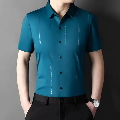 2023夏季新款冰丝凉感短袖衬衫男免烫商务正装弹力垂感高级衬衣男图片