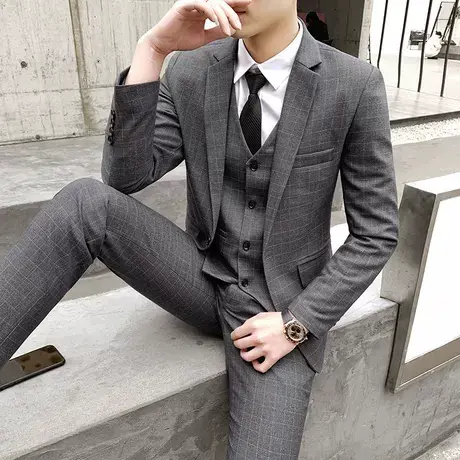 西服男套装三件套韩版修身休闲格子职业正装伴郎团新郎礼服西装潮图片