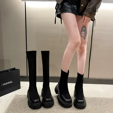 绒面厚底长筒靴女弹力瘦瘦靴高跟松糕底长靴小个子高筒靴包腿袜靴图片