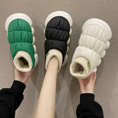 踩屎感棉拖鞋女士外穿冬季2023新款时尚加绒保暖防水包跟PU皮棉鞋商品大图