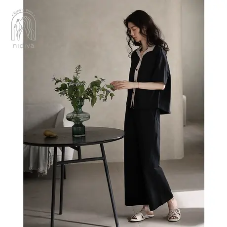 妮狄娅睡衣女夏季纯棉短袖短款翻领开衫阔腿裤休闲夏日家居服套装商品大图