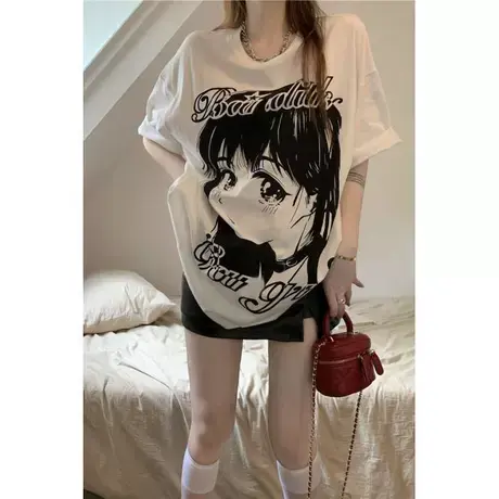 白色大码短袖t恤女装夏季漫画少女百搭中长款宽松胖妹妹上衣200斤商品大图