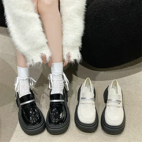 厚底乐福鞋女2024春秋季新款英伦风一脚蹬高跟单鞋粗跟防滑小皮鞋商品大图