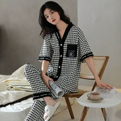 婷美睡衣女夏季纯棉短袖长裤V领夏天薄款洋气可外穿家居服两件套图片