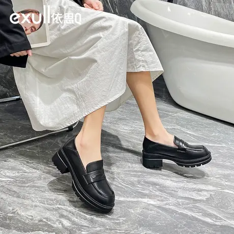 exull/依思Q粗跟单鞋女2023新款冬季日系百搭真皮厚底深口乐福鞋商品大图
