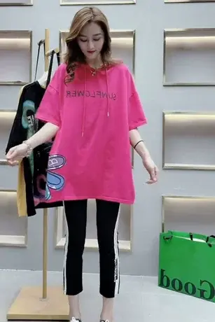 韩版宽松连帽中长款T恤女士夏季新款慵懒风短袖字母显瘦大码上衣商品大图