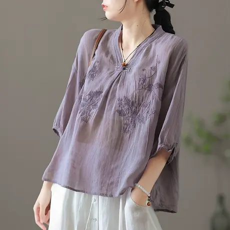 dza复古高端苎麻上衣女士短袖中国风打底夏季薄款宽松V领气质衬衫商品大图