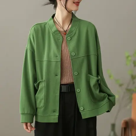 dza 文艺全棉纯色短外套女2023春季休闲宽松夹克开衫气质百搭上衣商品大图