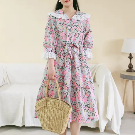 胖妹妹夏季2023新品棉质印花连衣裙 加大码田园风花边领文艺长裙商品大图