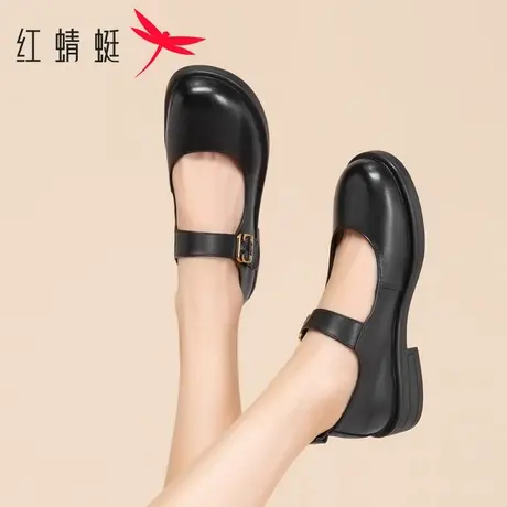 红蜻蜓女鞋真皮一字扣圆头小皮鞋浅口平底舒适女士单鞋软底妈妈鞋图片