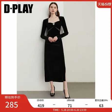 DPLAY2025年春季新款法式气质黑色连衣裙女方领礼服长裙小黑裙图片