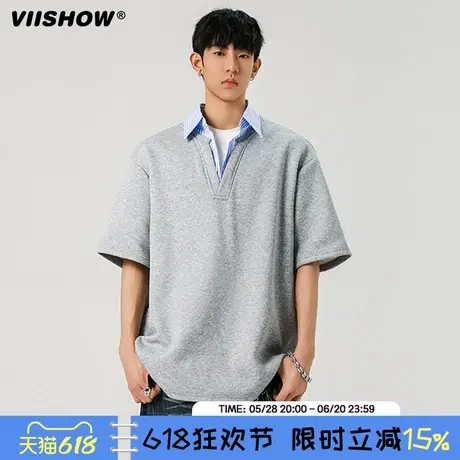 VIISHOW夏季拼接假两件短袖POLO衫男女潮牌宽松情侣休闲百搭T恤商品大图