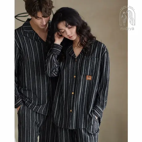 妮狄娅情侣秋季睡衣女时尚条纹男翻领开衫款休闲春秋季家居服套装图片