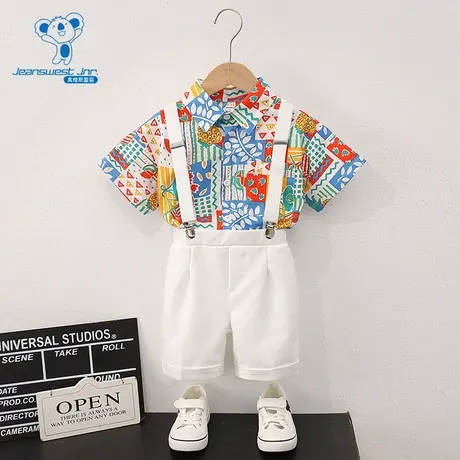 GD真维斯男童 夏季款时尚港风儿童短袖花衬衫白色短裤套装商品大图
