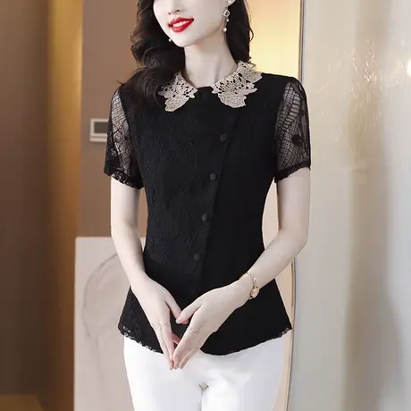 夏季短袖蕾丝衬衫女2023年新款时尚独特女装设计感小众镂空女上衣商品大图