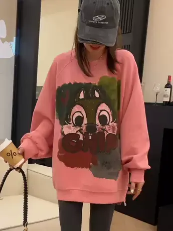 韩系慵懒风卡通印花圆领开叉卫衣秋季新款百搭宽松显瘦长袖上衣女商品大图