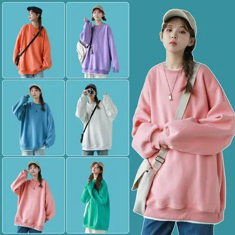 vintage圆领纯色卫衣女大码薄款宽松长袖情侣美式复古无帽上衣秋商品大图