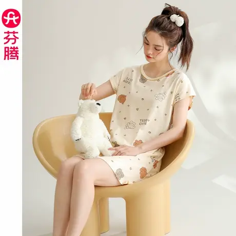 芬腾睡裙女夏季纯棉短袖薄款睡衣裙卡通少女夏天大码家居服中短裙商品大图