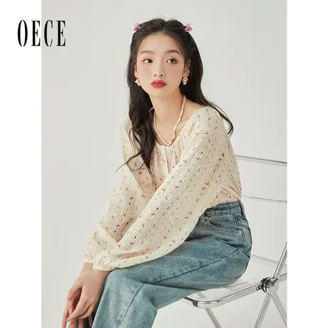 Oece复古小碎花长袖衬衫2022年秋季新款女装气质上衣别致甜美衬衣商品大图