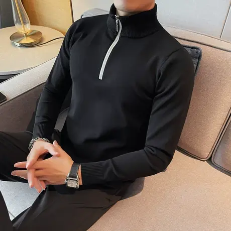 冬半高领拉链毛衣个性ins小众高级感纯色修身长袖打底针织衫外套商品大图