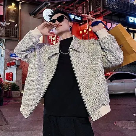 小香风男士休闲外套秋季2023新款撞色高级感潮牌机车翻领夹克上衣商品大图