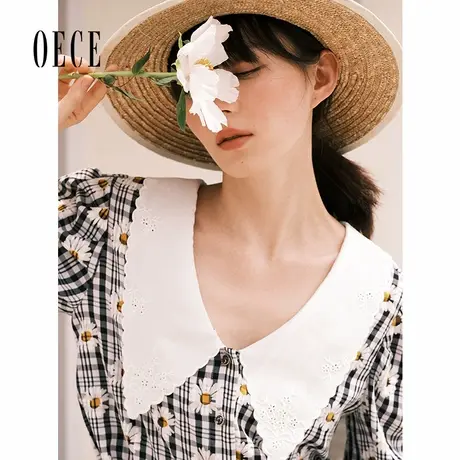 Oece夏装新款女装雏菊甜美吸睛撞色娃娃领泡泡袖上衣图片