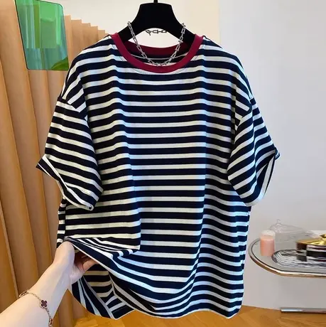 ins超火撞色条纹圆领短袖T恤女夏季新款韩版宽松大码百搭半袖上衣商品大图