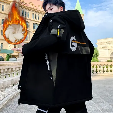 青少年加绒加厚夹克男中长款冬季2023年新款高中学生冬装风衣外套商品大图