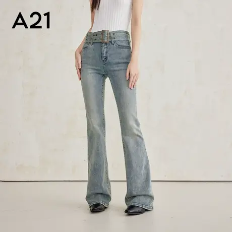 A21女装微喇牛仔裤2025秋季新款美式复古中腰修身百搭拖地长裤图片