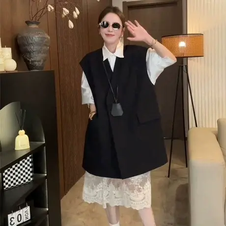 欧货高端V领无袖早秋黑马甲女慵懒风高级感轻奢减龄时尚大码上衣商品大图