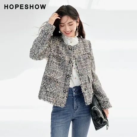 红袖outlets肌理感粗花呢外套女hopeshow2023冬新款香风圆领上衣图片