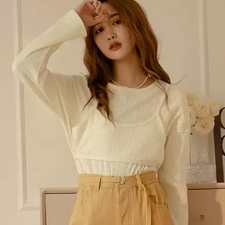 桔熊春季休闲假两件套上衣绑带马甲背心拼接坑条衫女大码AB17987图片