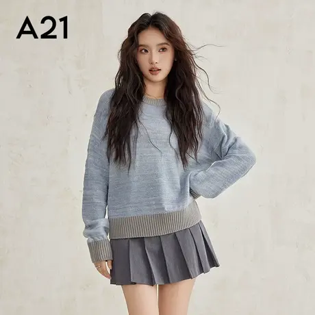 A21女装宽松圆领落肩套头毛衫慵懒风休闲软糯针织衫套头衫毛衣商品大图