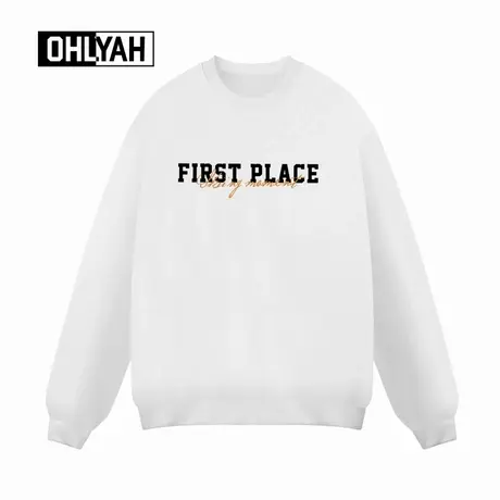 Ohlyah品牌秋冬白色重磅纯棉美式休闲卫衣男女款大码落肩上衣圆领商品大图
