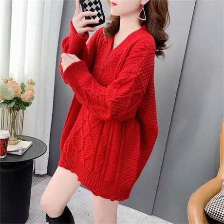 慵懒风V领麻花套头毛衣女外穿2022年新款秋冬宽松打底针织衫上衣商品大图