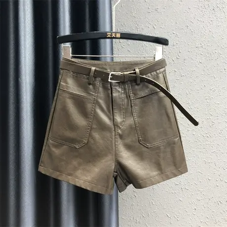 欧货休闲皮裤阔腿裤女23秋冬新款咖啡色大口袋设计感高腰百搭短裤图片