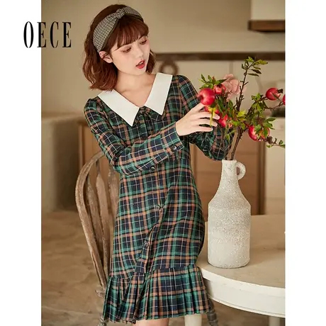 【买1送1】Oece复古格纹连衣裙秋女装英伦气质甜美长袖裙子图片