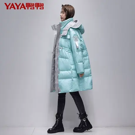 鸭鸭羽绒服女2021年新款中长款加厚时尚潮流撞色连帽冬季外套XB图片