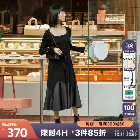 播秋季新款复古收腰修身拼接裙摆方领连衣裙系列女DDP1LD4009图片