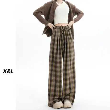高腰卡其格子休闲裤女秋冬款2023新款美拉德松紧腰直筒宽松拖地裤图片