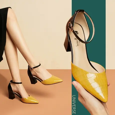 清仓单鞋女中跟百搭拼色休闲包头凉鞋中空一字扣尖头女鞋粗跟商品大图