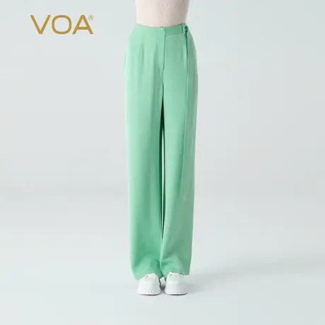 VOA40姆米双面乔桑蚕丝淡绿色绑带松紧腰不对称飘带装饰真丝长裤图片