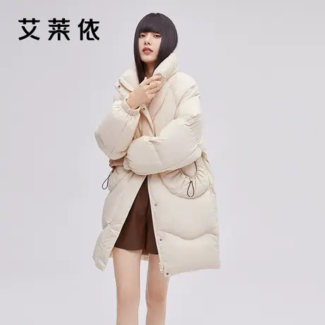 艾莱依新品设计感中长款羽绒服女冬季鸭绒立领圆形几何保暖外套商品大图